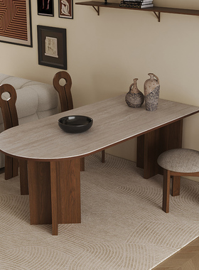 法式中古风洞石岩板餐桌椅组合小户型客厅靠墙半圆岛台实木餐桌