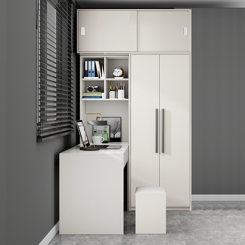 现代简约白色卧室家用小户型L型转角电脑桌衣柜学习连体书桌柜子