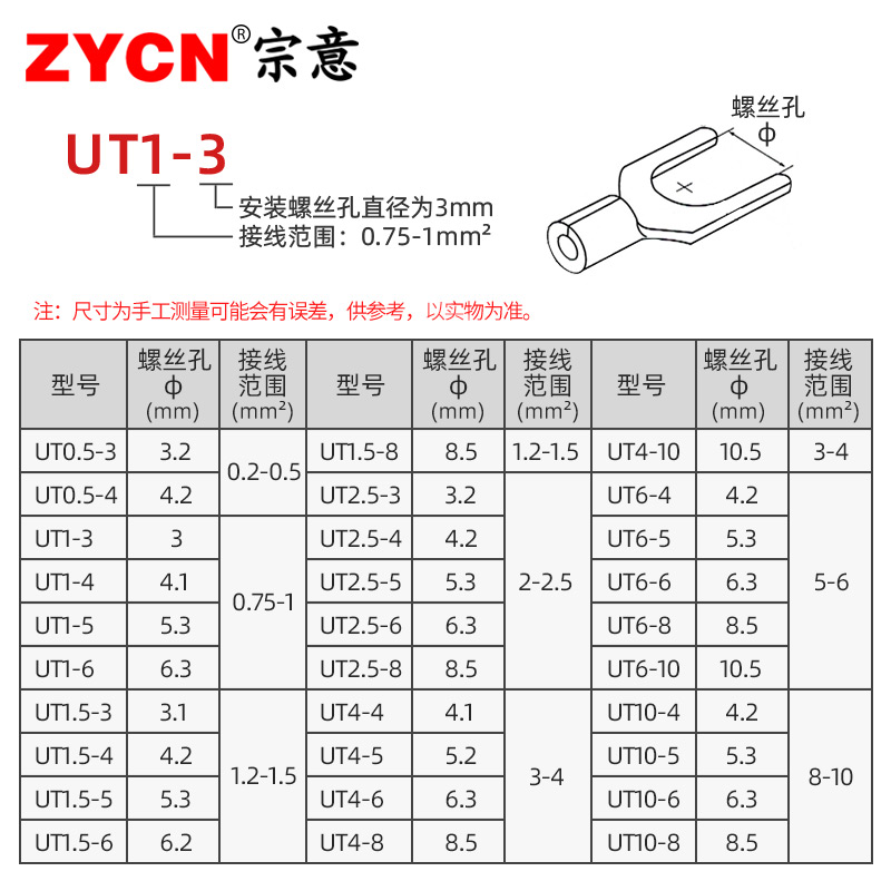 UT叉型冷压裸端头 U/Y型电线欧式接线端子铜线鼻子线耳0.2-10平方