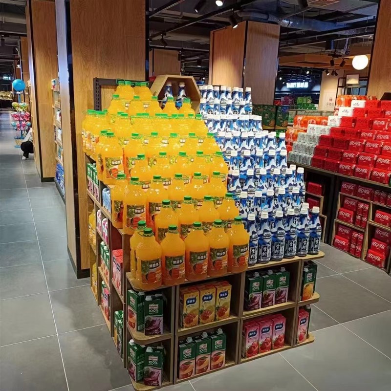 超市新堆头木盒木纹色框阶梯堆头木箱货架牛奶堆头端架美陈地堆框