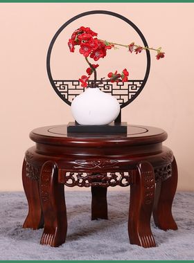 全实木地墩花架圆形鱼缸架中式盆景架榆木养鱼缸底座高花盆架