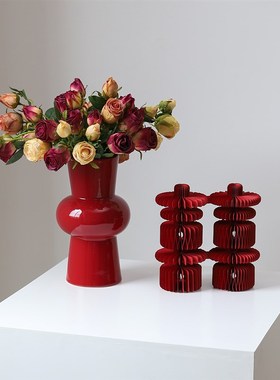 高级感红色花瓶套装喜庆婚房布置桌面装饰喜字摆件结婚卧室婚礼