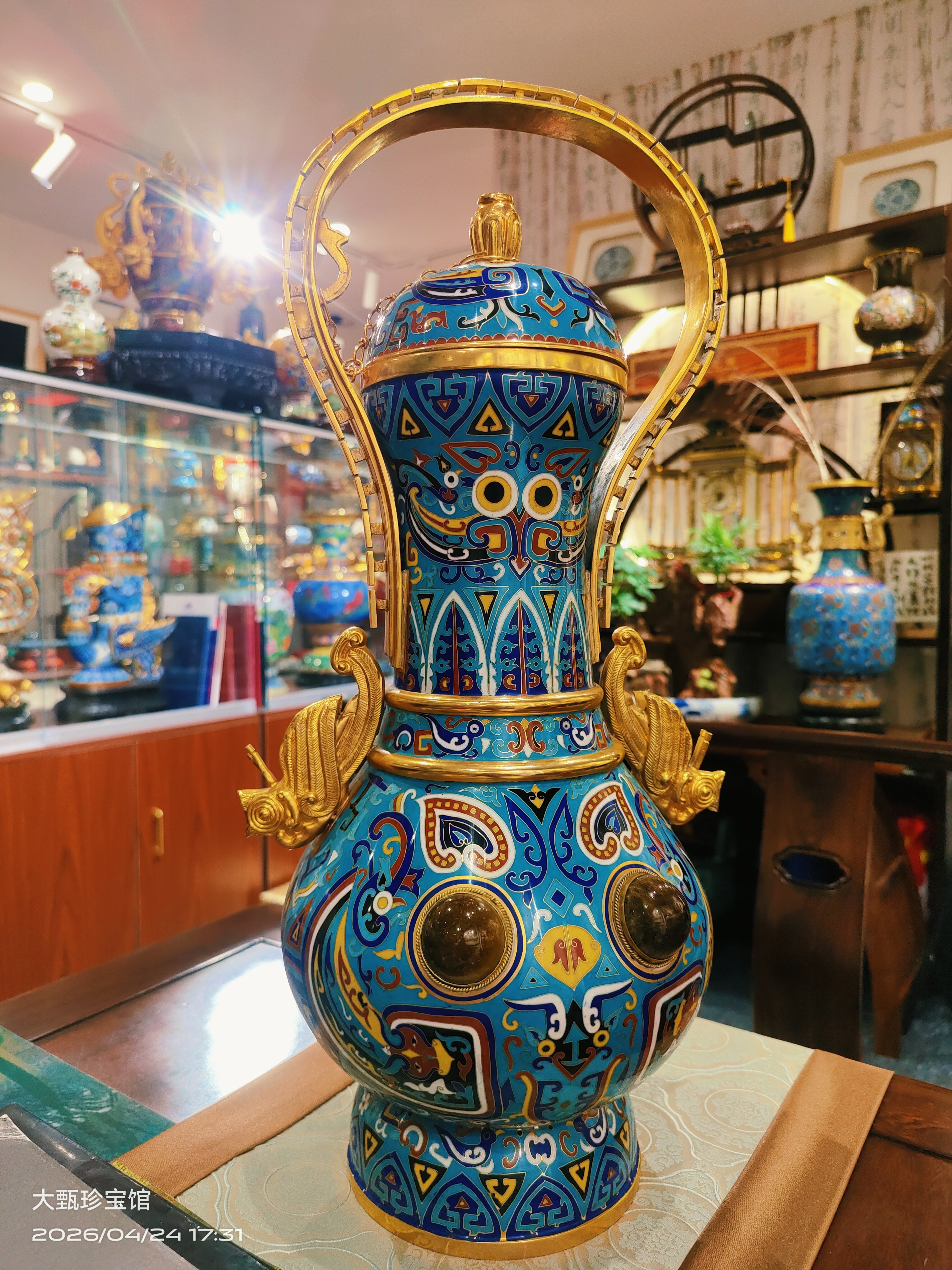 珐琅泰斗张同禄大师遗世珍品国礼景泰蓝《鸮壶》家居装饰艺术摆件