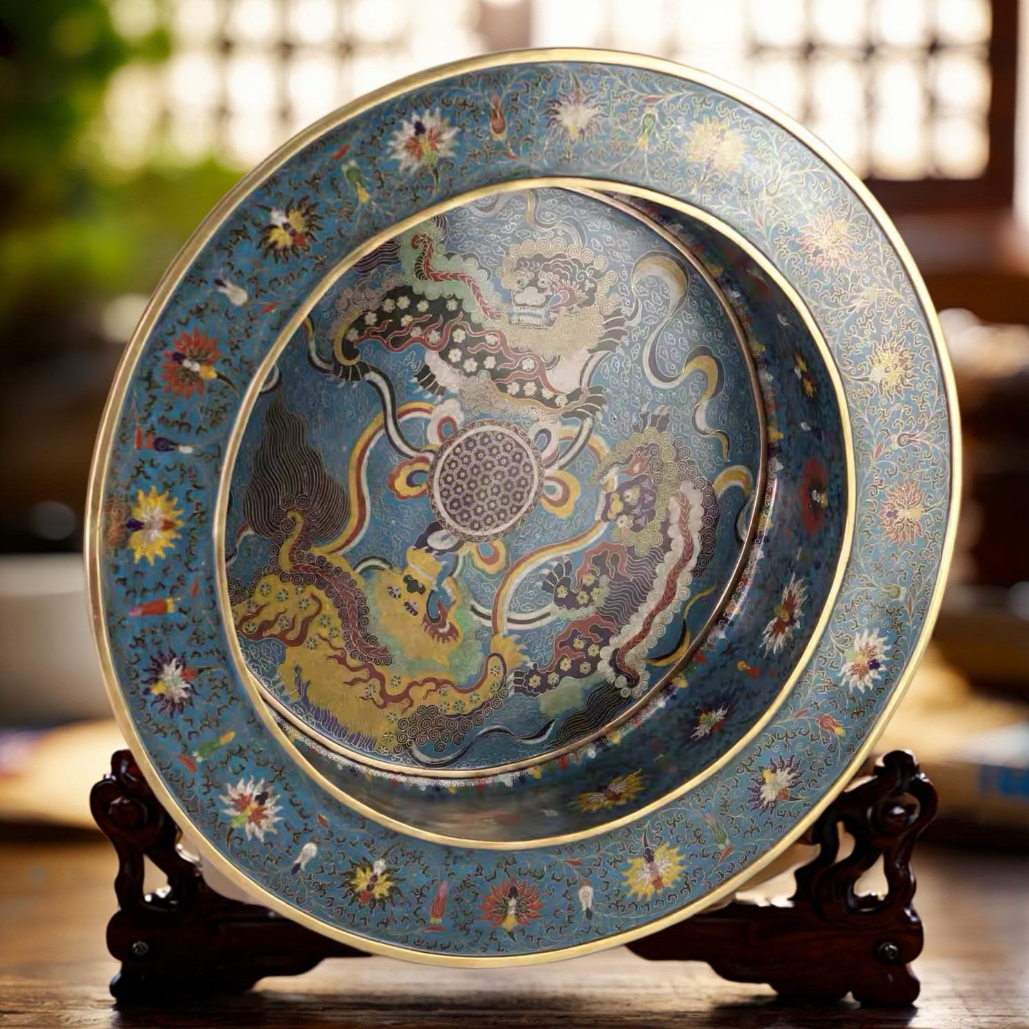 仿明代景泰蓝掐丝珐琅洗手盆脸盆 手工艺术品收藏摆件盘子家具
