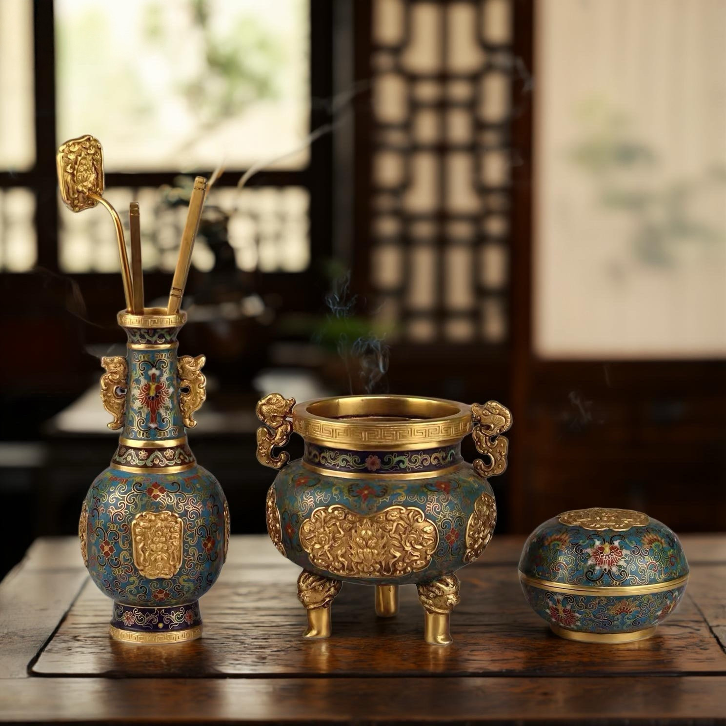 手工胎景泰蓝掐丝珐琅仿明清故宫复古做旧炉瓶三事香炉摆件香盒