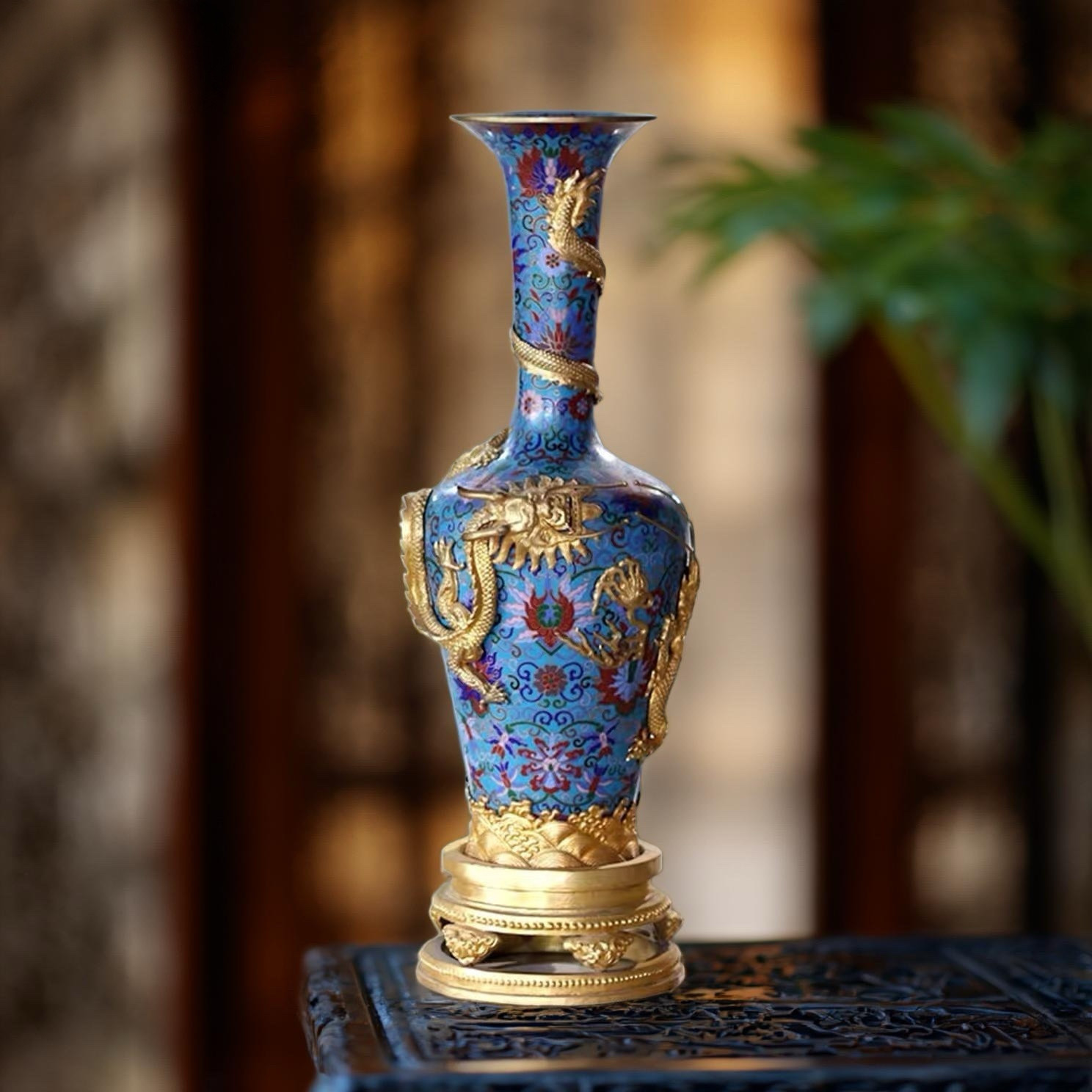 仿明清景泰蓝掐丝珐琅蟠龙瓶 复古做旧艺术品摆件古典花瓶装饰品