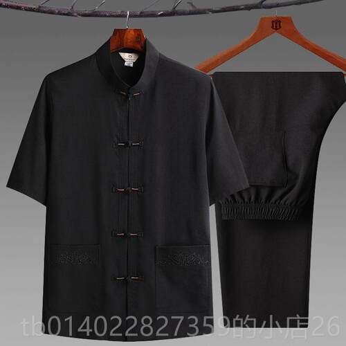 正品中老年人唐装男短棉麻衬袖衫服套装爸爸装夏季中式太极汉服爷