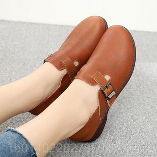 0软25春秋新款 圆头底小皮鞋 真皮鞋 大码 妈妈2舒适深口 平底单鞋 正品