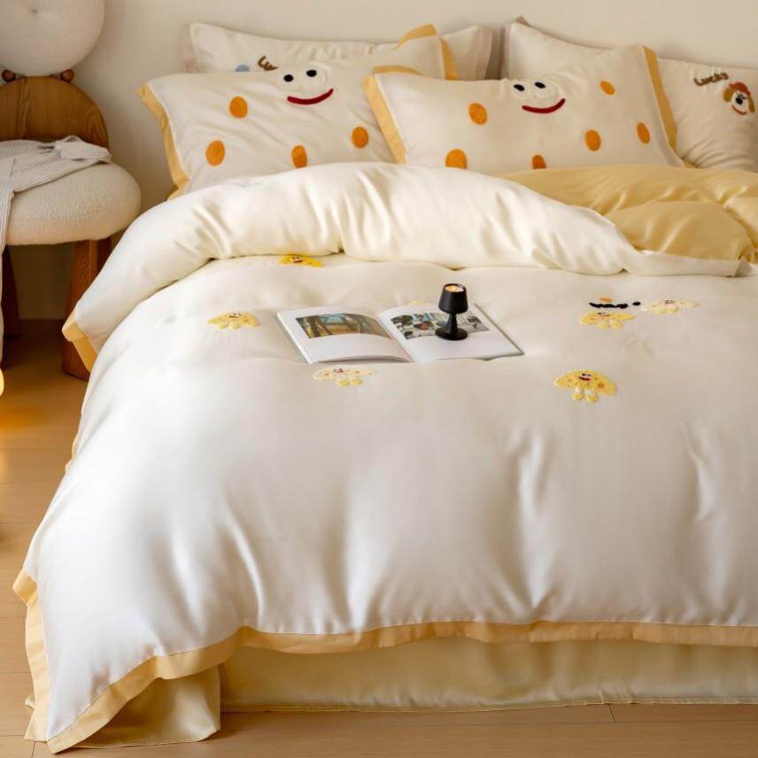 春夏小清新兰精天丝四件套绣花断角款床单被套双面凉感裸睡床品