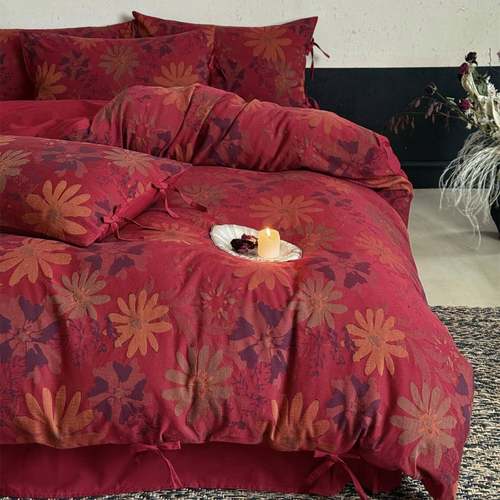 简约现代风婚庆大红结婚喜庆床品全棉三层纱色织提花四件套家纺