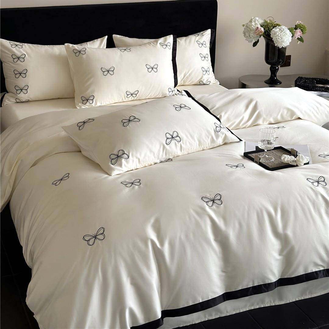 现代轻奢风蝴蝶刺绣高定寝具床上用品纯棉长绒棉四件套家纺