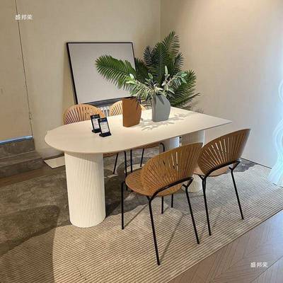 法式奶油风半岛台岩板餐桌现代简约椭圆形家用饭桌子2024网红新款