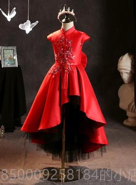 正品服女童中式潮国礼风高档红色舞台走秀服儿童主持人演讲钢琴演