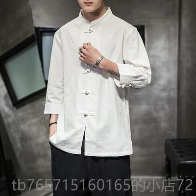 高档士唐装男款春季国中风中式七袖衬衫中老年男老头练功服分禅服