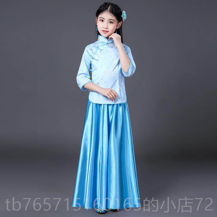 高档民国风儿童琶套装六一古筝毕古琴琵舞演出服改蹈良旗袍裙女业