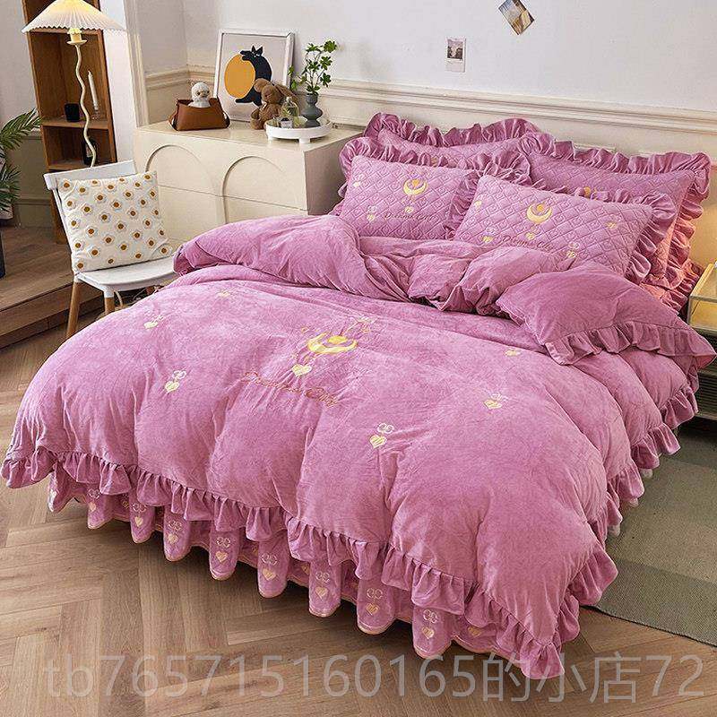 高档儿婴绒床裙四件套加厚牛奶绒暖珊瑚纯色双面加保绒绣花被套冬,床上用品,床品套件/四件套/多件套,淘宝优惠券,粉丝福利购,淘宝优惠卷
