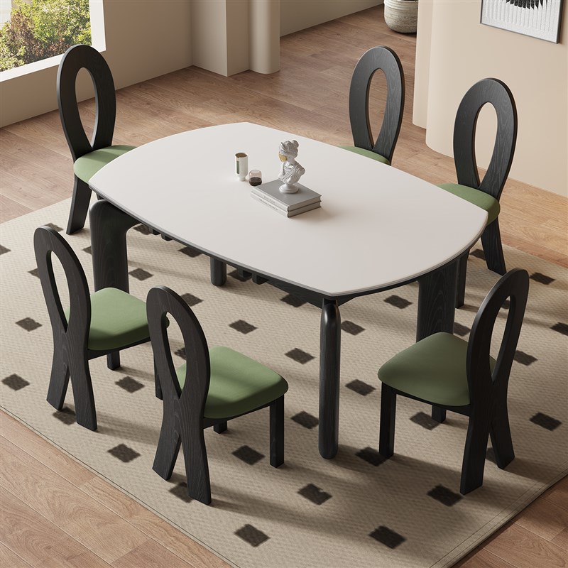 法式复古风大象腿实木岩板伸缩餐桌可变圆桌折叠两用小户型饭桌子