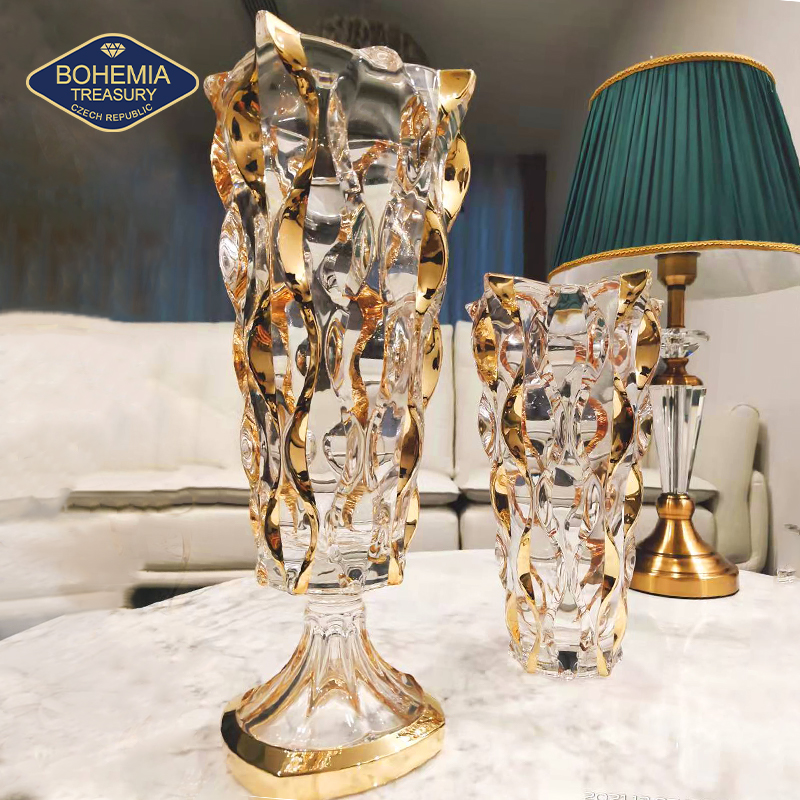 捷克进口BOHEMIA水晶玻璃金色花器欧式简约创意办公室花瓶大号