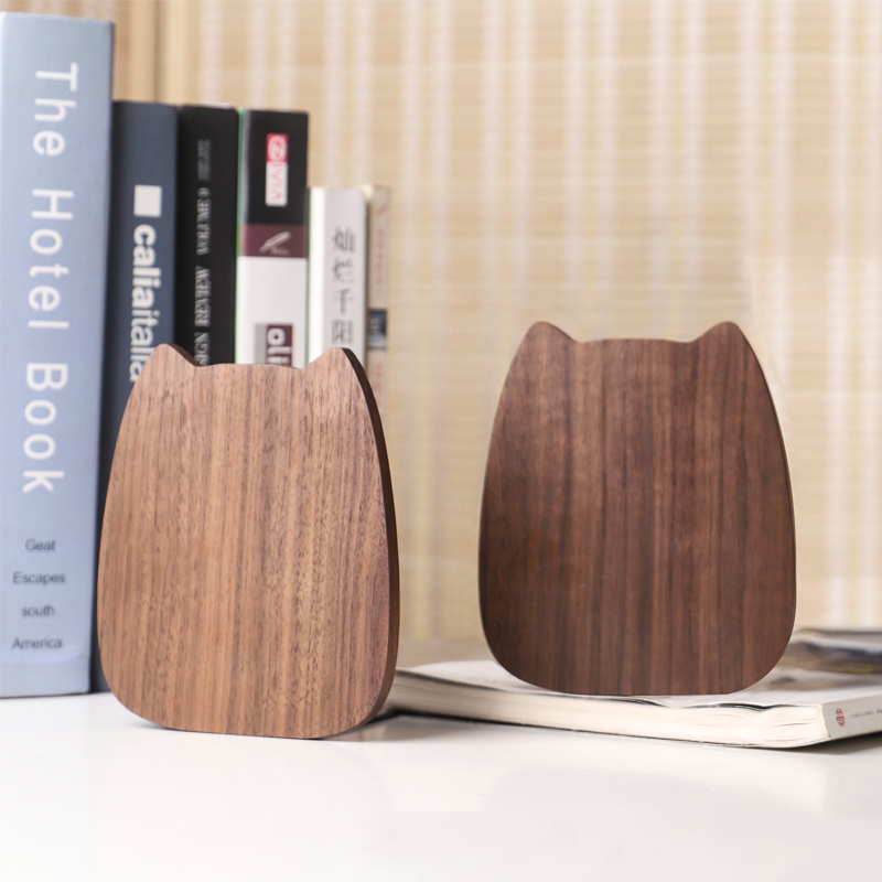 黑胡桃木萌猫书立简约实用实木书档卡通造型创意办公书桌面挡书板