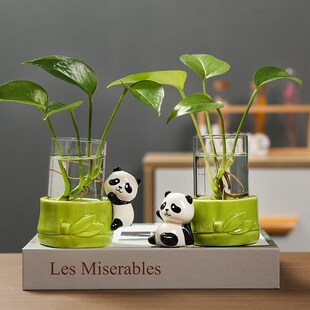桌面装饰情绪稳定花瓶小摆件可爱熊猫家居办公室工位水养绿萝透明