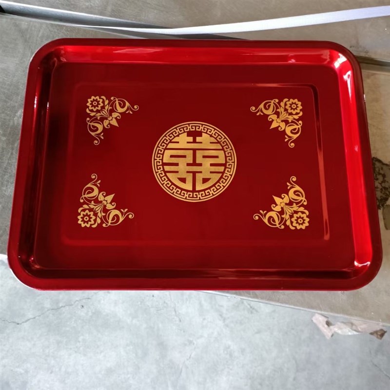 不锈钢红色结婚托盘敬酒盘子婚庆敬茶婚宴喜糖摆盘喜庆订婚喜事