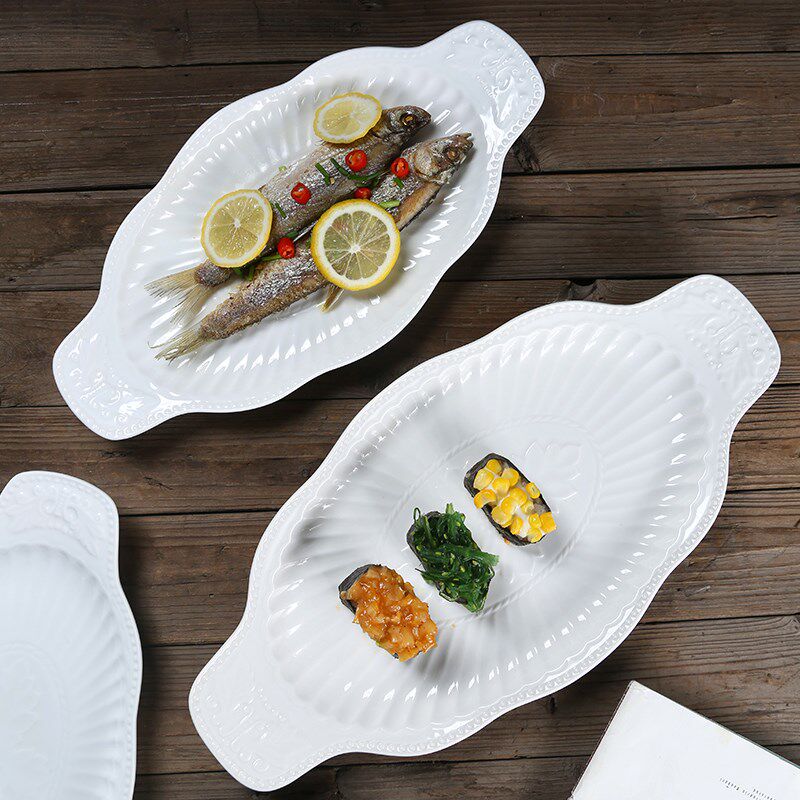 欧式宫廷风陶瓷盘条纹刻花浮雕双耳盘鱼盘椭圆寿司盘家用西餐盘子