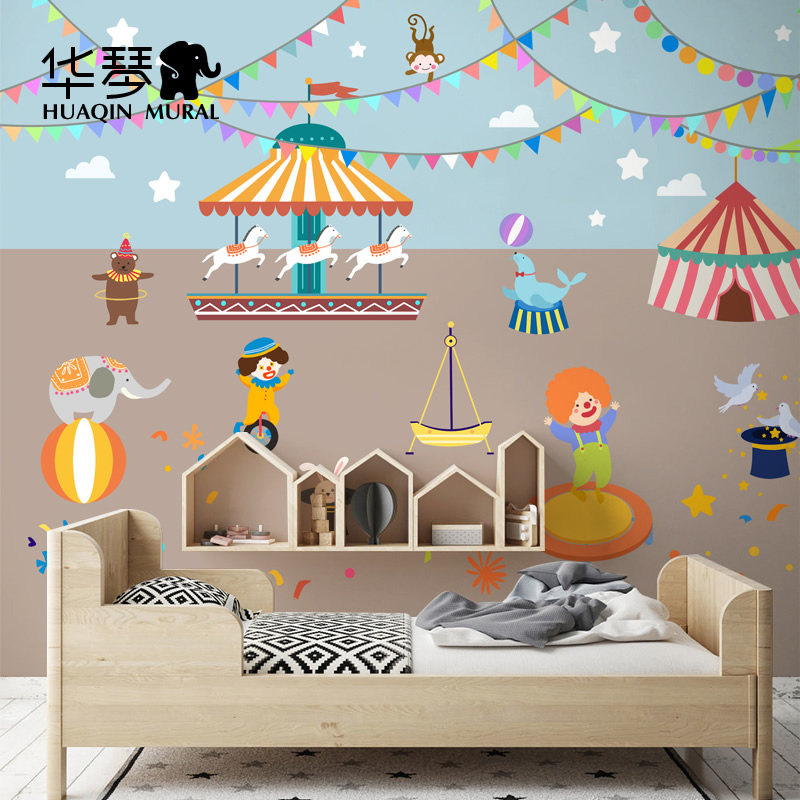 卡通小丑马戏团游乐场男孩女孩儿童房墙纸壁纸墙布壁布壁画定制