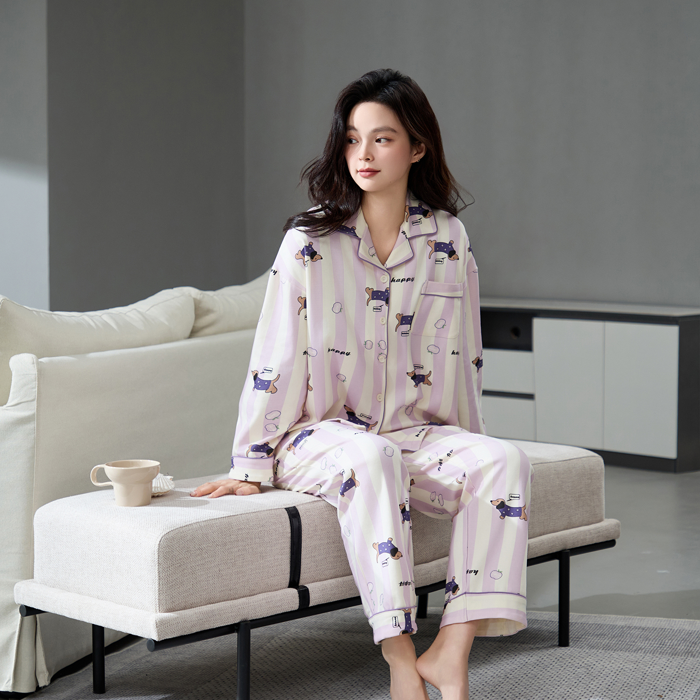 睡衣女春秋新款柔软纯棉条纹长袖