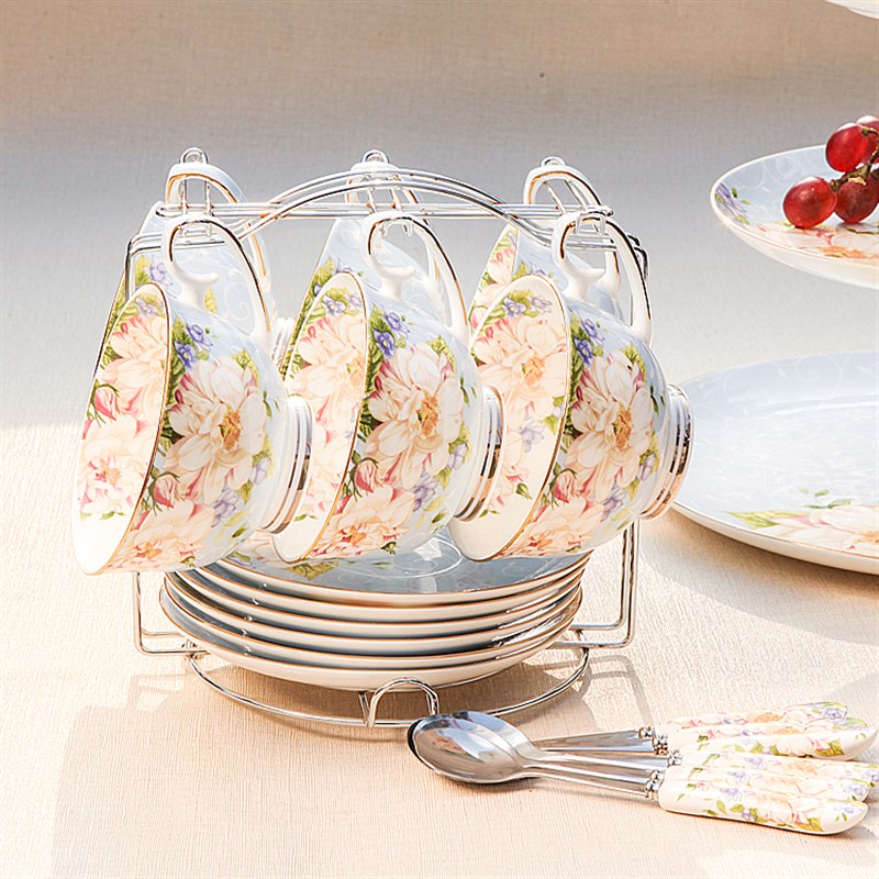 欧式花茶陶瓷咖啡杯套装英式骨瓷创意6件套骨瓷咖啡杯碟勺带架子