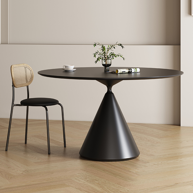 岩板圆桌个性创意现代简约圆形餐桌纯黑德利丰小户型家用高端饭桌