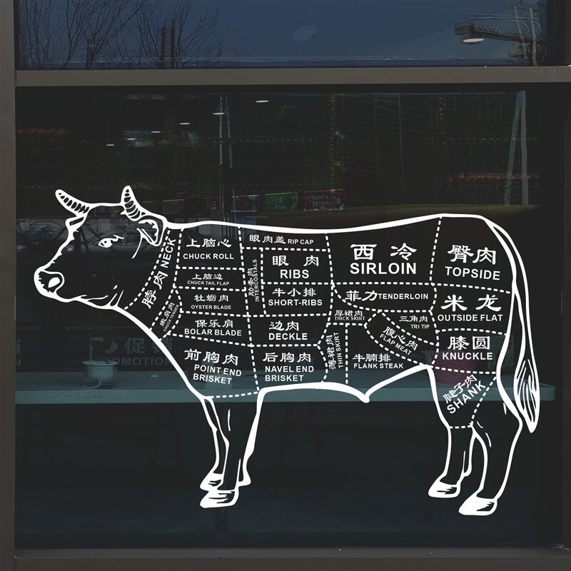 整牛肉分割图完整版落地玻璃贴纸画窗花墙贴生鲜饭店静电布置装饰