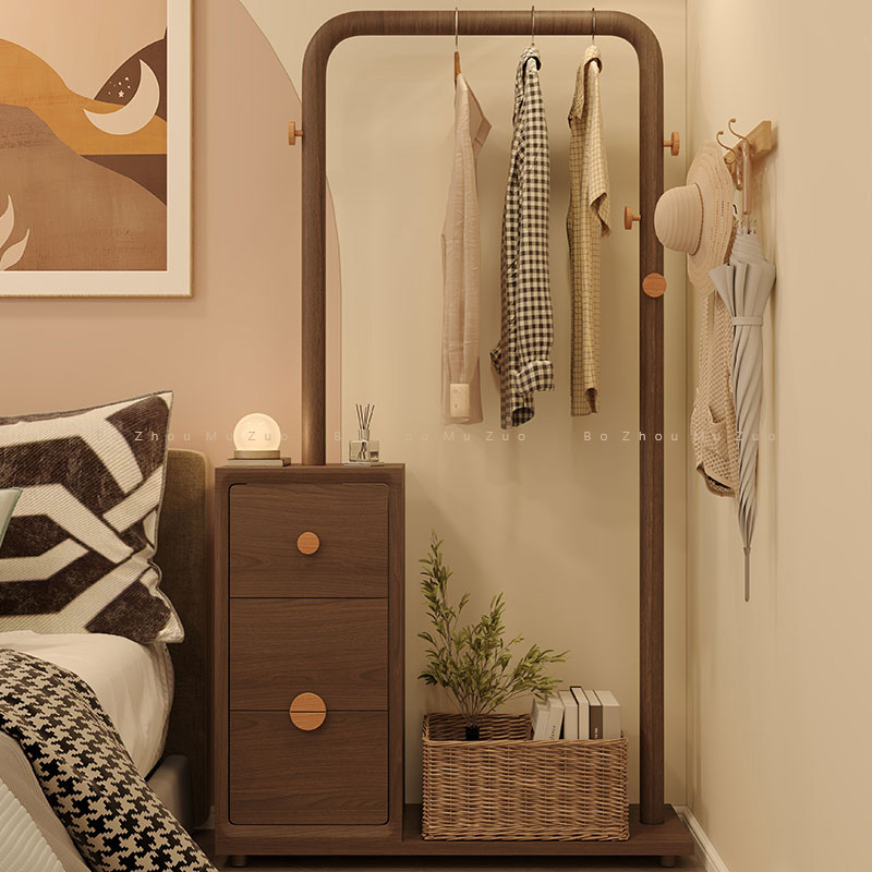 黑胡桃木落地衣帽架牀头柜一体樱桃木置地衣架客厅卧室挂衣架实木