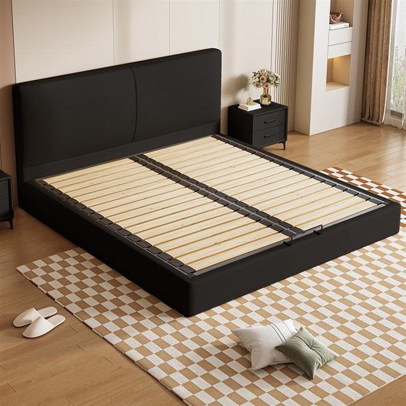 薄床头实木床黑色主卧室皮床钢木全落地齐边床现代简约小户型床架