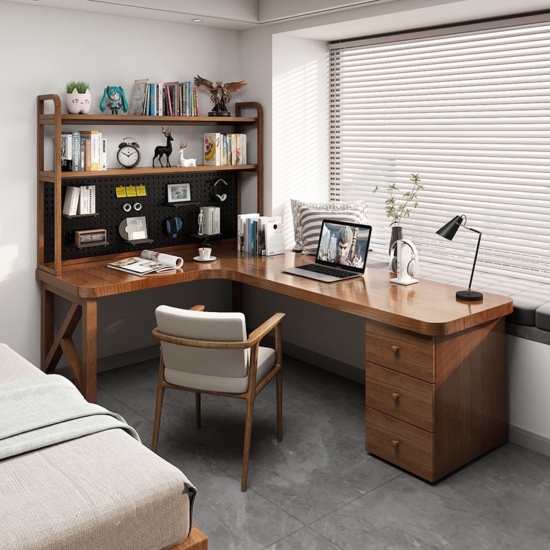 实木转角桌书桌书柜书架一体整墙定制L型拐角桌7字型学习桌子