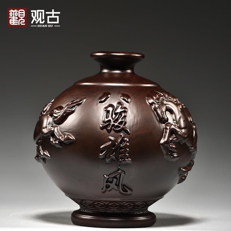 黑檀木雕八骏雄风花瓶摆件马到成功客厅插花装饰家居实木质工艺品