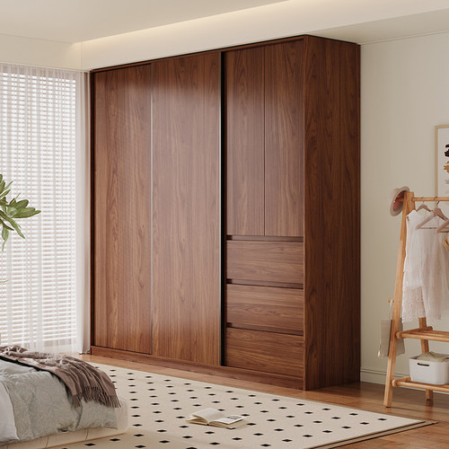 胡桃木色全实木ENF级定制推拉门衣柜家用卧室移门趟门橡木大衣橱