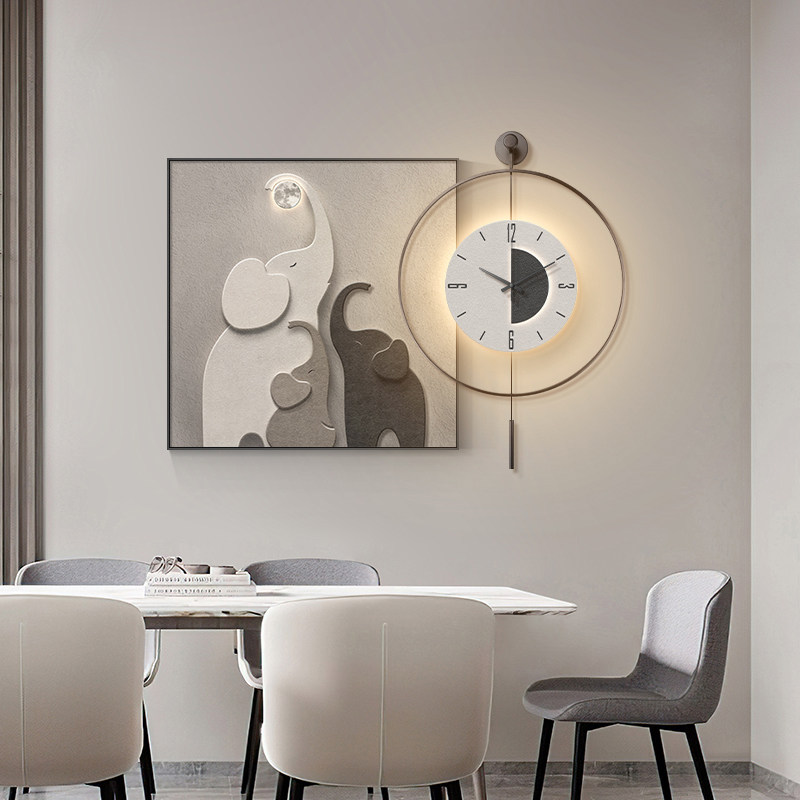 高级感餐厅装饰画带钟表大象饭厅壁画挂钟餐桌背景墙挂画寓意好