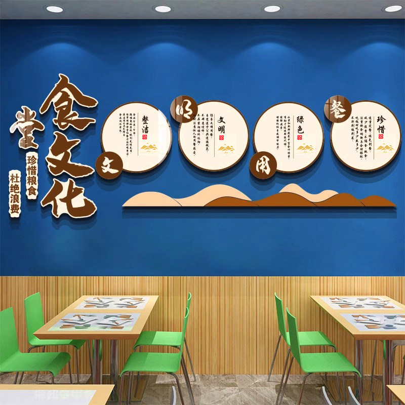 食堂文化墙面装饰3d立体自粘贴纸画公司学校饭堂餐饮布置背景标语