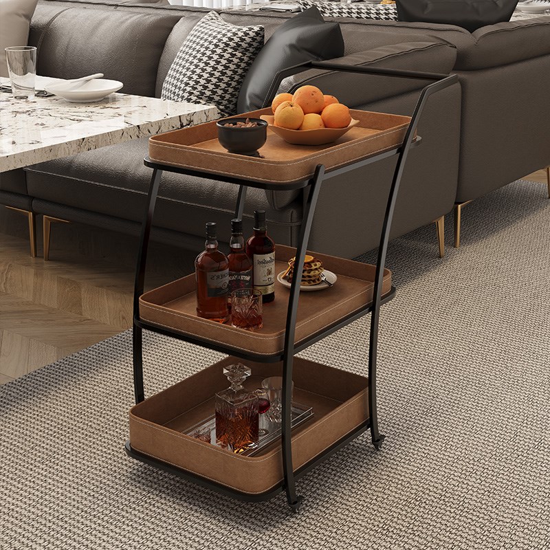 家用三层移动推车沙发边马鞍皮角几边几小户型方形茶几零食车带轮