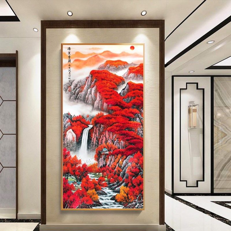 数字油画diy手工填色油彩画客厅大幅山水装饰画玄关竖版鸿运当头