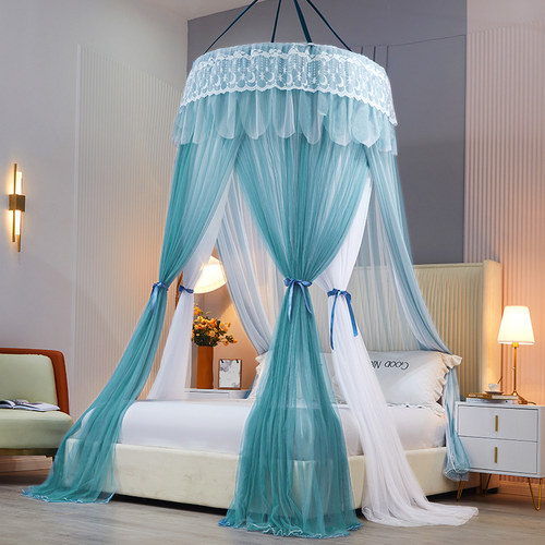 新款加厚加密双层纱吊顶蚊帐三开门公主风圆顶家用无需支架免安装