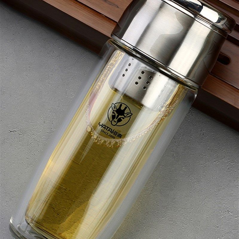 亚泰全钢盖双层玻璃杯茶水分离茶杯子鹅蛋杯男女车载便携加厚水杯