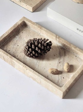 侘寂风大理石托盘复古黄洞石高脚果盘装饰盘民宿样板间软装摆件