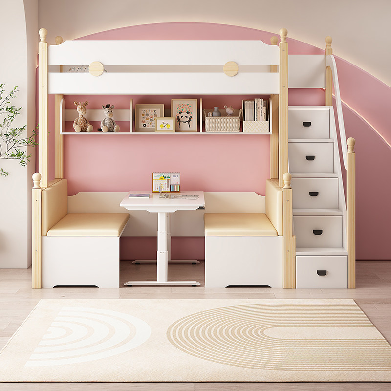 上下铺双层床全实木儿童床子母床书桌一体床高低床多功能上床下桌
