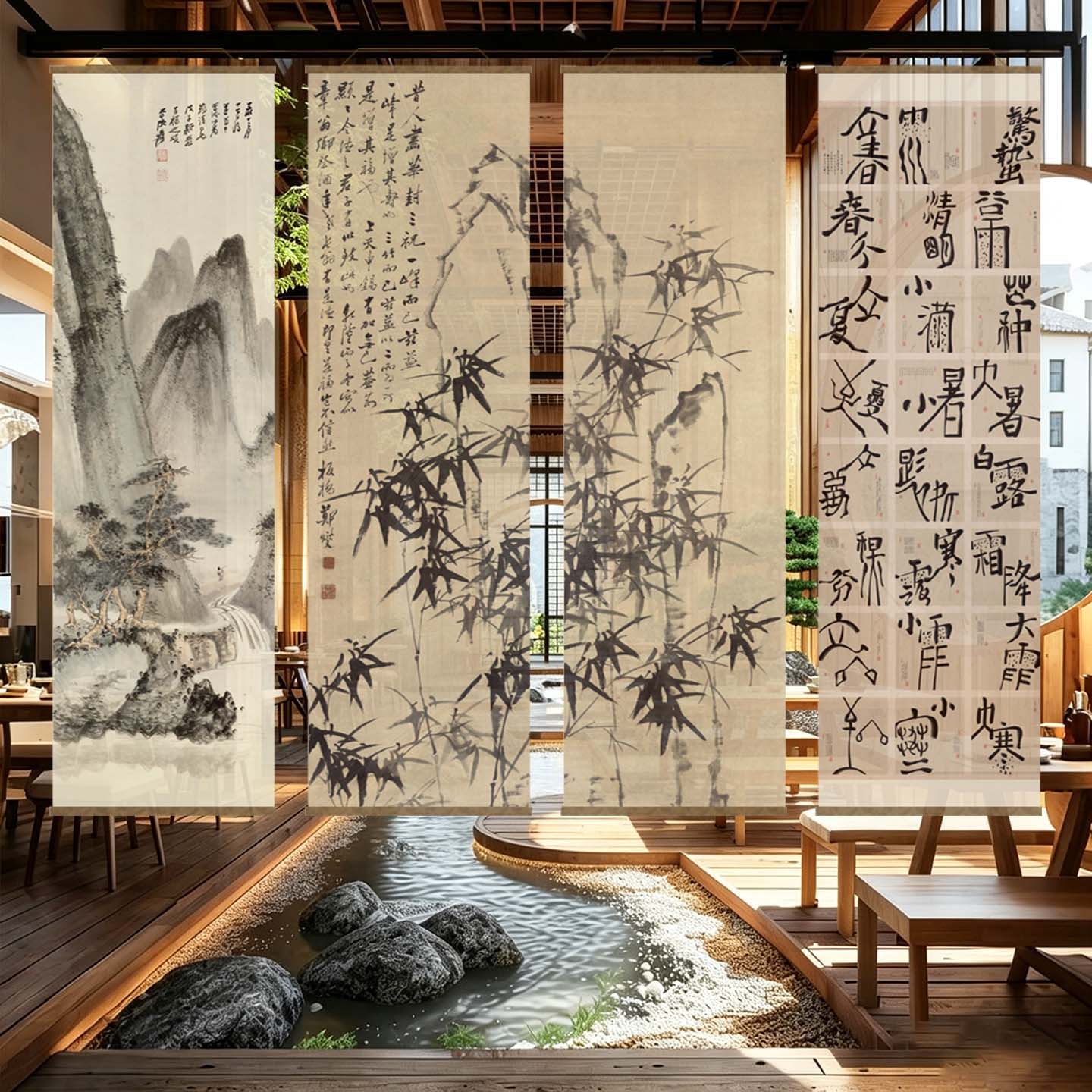 古风水墨竹子半透隔断挂帘