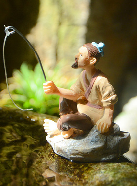 古装钓鱼老翁微景观人物摆件创意装饰品庭院树脂假山盆景仿真桌面