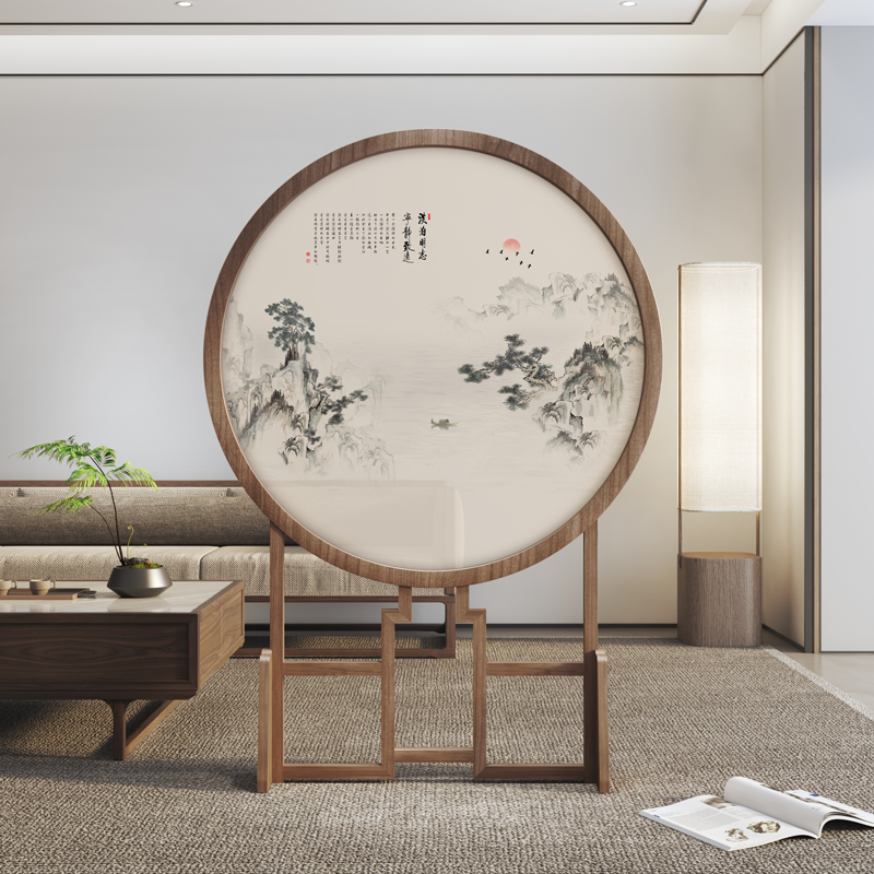 现代中式屏风隔断卧室玄关客厅酒店餐厅 移动实木圆形座屏