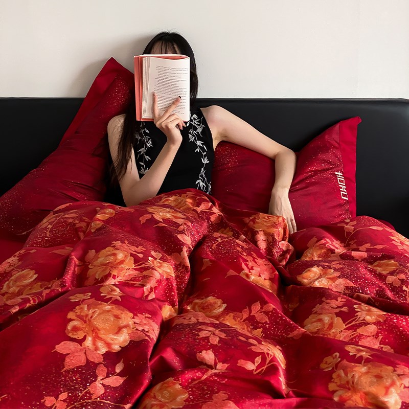 秋冬简约婚庆床品四件全棉100支数码印花红色结婚被床单床笠