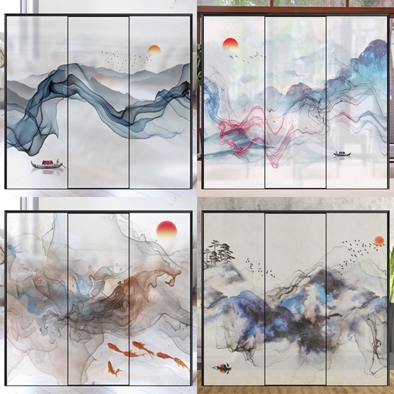 定制中式阳台窗户贴膜玻璃贴纸静电磨砂办公室透光不透明遮光山水