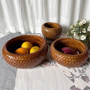 竹制品覆古色双层鸟巢篮竹编茶叶盒圆形水果篮收纳竹筐茶叶罐竹盒